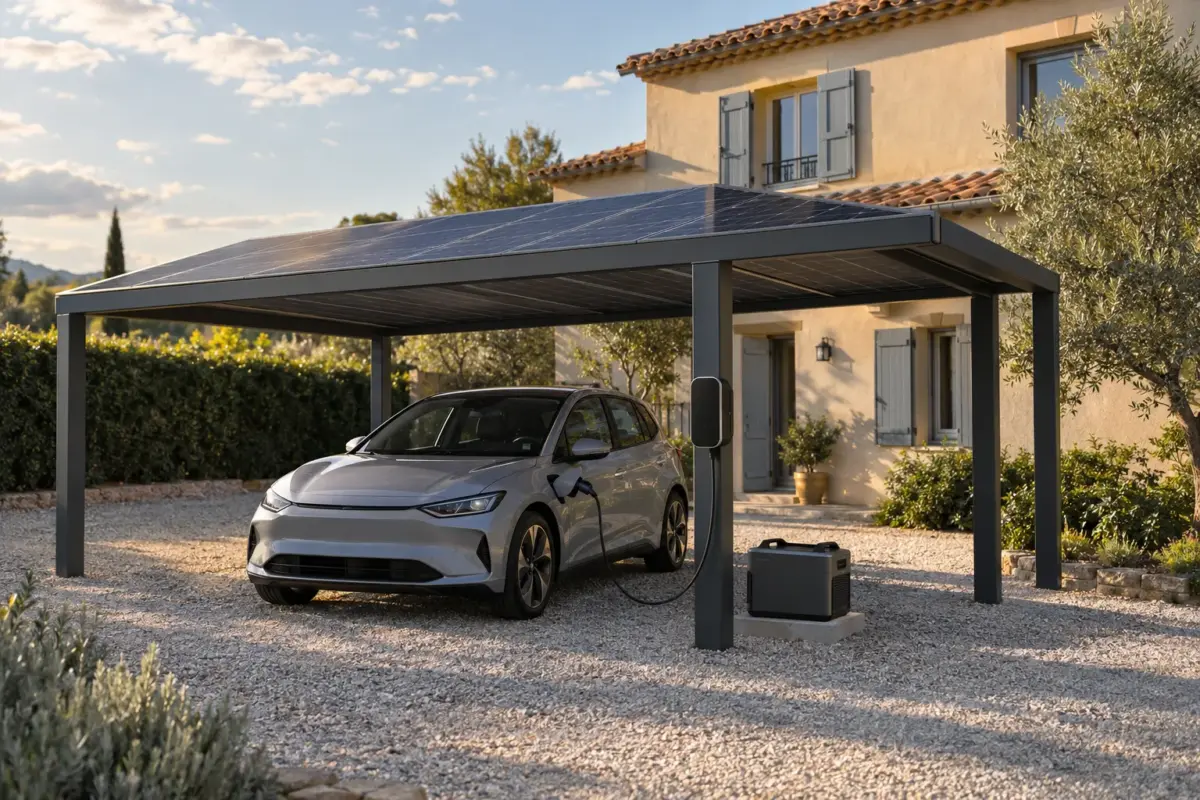Carport solaire devant une maison avec voiture électrique en charge et station électrique portable