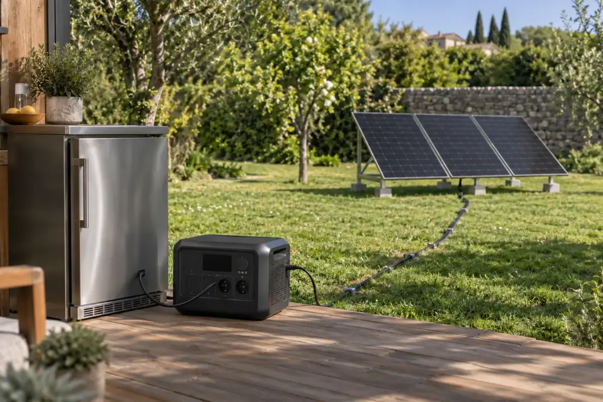 Panneaux solaires sans toit sur une structure au sol dans un jardin, reliés à une station électrique portable