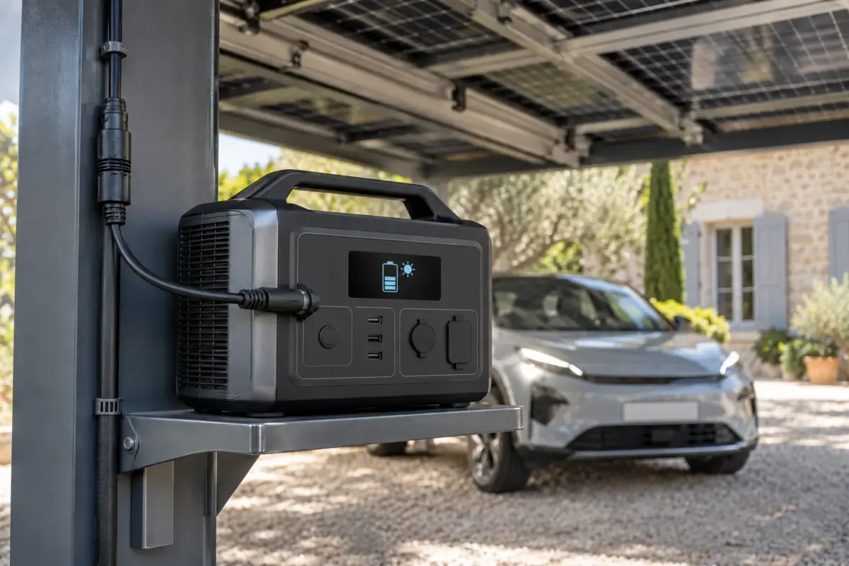 Station électrique portable reliée par câble solaire MC4 sous un carport solaire